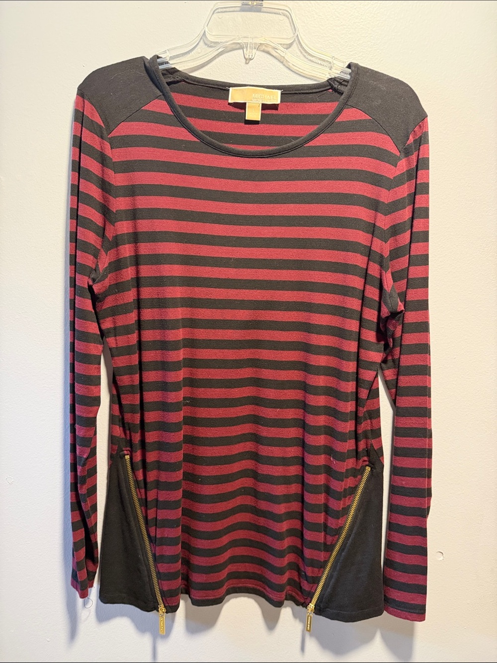 Michael Kors Black & Burgundy Striped Long-Sleeve Top with Gold Zippers - Picture 1 of 1